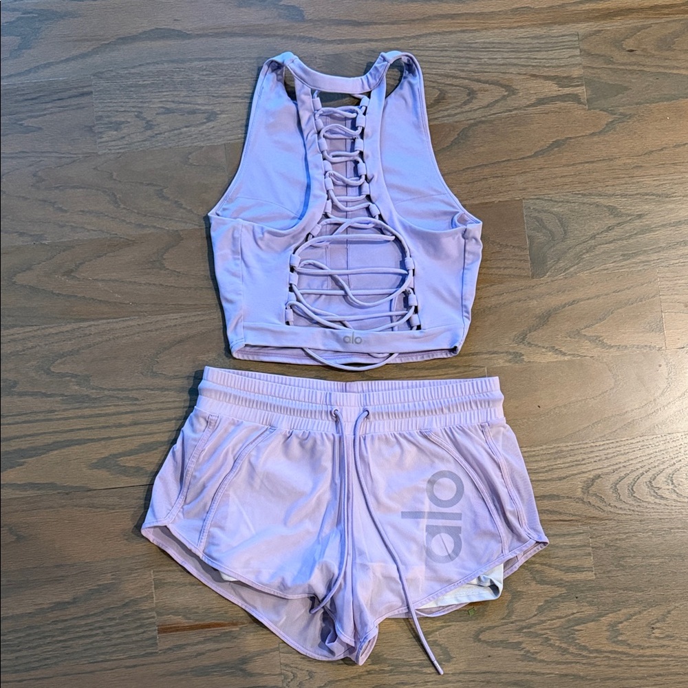 ALO Yoga Lavender Lace-Up Top and Shorts Set
